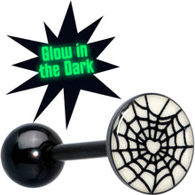 Load image into Gallery viewer, Black Glow in the Dark Heart Spider Web Barbell Tongue Ring by Onyx O
