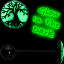 Load image into Gallery viewer, Glow in the Dark Black Anodized Tree of Life Barbell Tongue Ring by Onyx O
