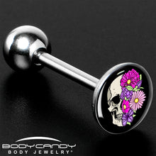Load image into Gallery viewer, Floral Flowers Skull Barbell Tongue Ring by Onyx O
