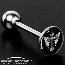 Load image into Gallery viewer, Black White Winged Cross Barbell Tongue Ring by Onyx O
