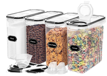 Load image into Gallery viewer, 4-Piece Set: Airtight Cereal Storage Containers with Pour Spouts &amp; Measuring Cup – 4L Kitchen Pantry Organizer
