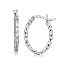 Load image into Gallery viewer, Sterling Silver Rhodium Plated Small Oval Hoop Diamond Cut Textured Earrings
