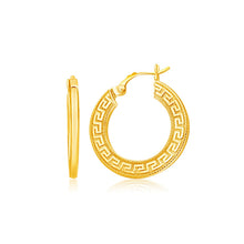 Load image into Gallery viewer, 14k Yellow Gold Greek Key Medium Hoop Earrings with Flat Sides
