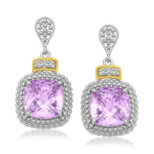 Load image into Gallery viewer, 18k Yellow Gold &amp; Sterling Silver Cushion Amethyst &amp; Diamond Earrings (.05cttw)

