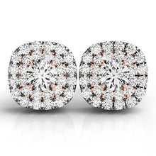 Load image into Gallery viewer, 14k White and Rose Gold Cushion Shape Halo Diamond Earrings (3/4 cttw)
