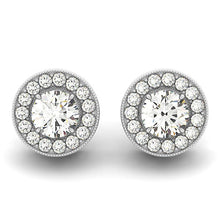 Load image into Gallery viewer, 14k White Gold Round Diamond Halo Milgrain Border Earrings (3/4 cttw)
