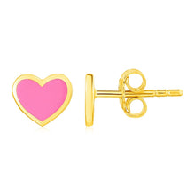 Load image into Gallery viewer, 14k Yellow Gold and Enamel Pink Heart Stud Earrings
