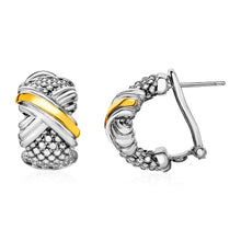 Load image into Gallery viewer, Popcorn Texture Earrings with X Motif in Sterling Silver and 18k Yellow Gold
