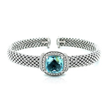 Load image into Gallery viewer, Popcorn Texture Cuff Bangle with Blue Topaz and Diamonds in Sterling Silver
