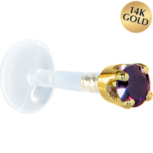 Load image into Gallery viewer, 16G 5/16 Solid 14K Yellow Gold 3mm Amethyst Cubic Zirconia Bioplast Tragus Earring Stud
