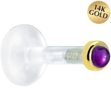 Load image into Gallery viewer, Solid 14K Yellow Gold 2mm Genuine Amethyst Bioplast Push in Labret
