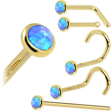 Load image into Gallery viewer, Solid 14K Yellow Gold 2mm Blue Synthetic Opal Nose Ring
