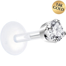 Load image into Gallery viewer, 16G 1/4 Solid 14K White Gold 3mm Clear Cubic Zirconia Bioplast Tragus Earring Stud

