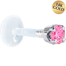 Load image into Gallery viewer, 16G 1/4 Solid 14K White Gold 3mm Pink Cubic Zirconia Bioplast Tragus Earring Stud
