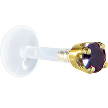 Load image into Gallery viewer, 16G 1/4 Solid 14K Yellow Gold 3mm Amethyst Cubic Zirconia Bioplast Tragus Earring Stud
