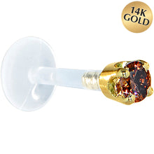 Load image into Gallery viewer, 16G 1/4 Solid 14K Yellow Gold 3mm Brown Cubic Zirconia Bioplast Tragus Earring Stud
