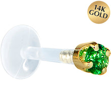 Load image into Gallery viewer, 16G 1/4 Solid 14K Yellow Gold 3mm Green Cubic Zirconia Bioplast Tragus Earring Stud

