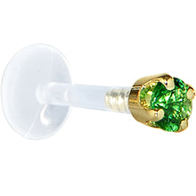 Load image into Gallery viewer, 16G 1/4 Solid 14K Yellow Gold 3mm Green Cubic Zirconia Bioplast Tragus Earring Stud
