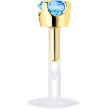 Load image into Gallery viewer, 16G 1/4 Solid 14K Yellow Gold 3mm Plexi Blue Cubic Zirconia Bioplast Tragus Earring Stud
