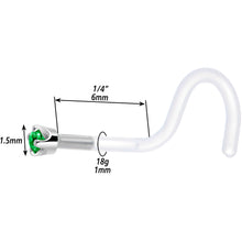 Load image into Gallery viewer, 18G 1/4 White Gold 1.5mm Green Cubic Zirconia Bioplast Nose Ring
