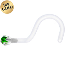 Load image into Gallery viewer, 18G 1/4 White Gold 1.5mm Green Cubic Zirconia Bioplast Nose Ring
