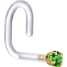 Load image into Gallery viewer, 18G 1/4 Yellow Gold 1.5mm Green Cubic Zirconia Bioplast Nose Ring
