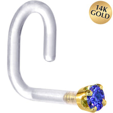 Load image into Gallery viewer, 18G 1/4 Yellow Gold 1.5mm Blue Cubic Zirconia Bioplast Nose Ring
