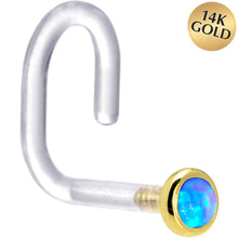 Load image into Gallery viewer, 18G 1/4 Yellow Gold 2mm Blue Synthetic Opal Bioplast Nose Ring
