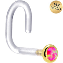 Load image into Gallery viewer, 18G 1/4 Yellow Gold 2mm Brilliant Pink Synthetic Opal Bioplast Nose Ring
