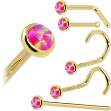 Load image into Gallery viewer, Solid 14K Yellow Gold 2mm Brilliant Pink Synthetic Opal Nose Ring
