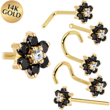 Load image into Gallery viewer, Solid 14K Yellow Gold Black and Clear Cubic Zirconia Flower Nose Ring
