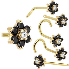 Load image into Gallery viewer, Solid 14K Yellow Gold Black and Clear Cubic Zirconia Flower Nose Ring
