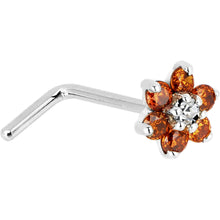 Load image into Gallery viewer, Solid 14K White Gold Orange and Clear Cubic Zirconia Flower Nose Ring
