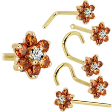 Load image into Gallery viewer, Solid 14K Yellow Gold Orange and Clear Cubic Zirconia Flower Nose Ring
