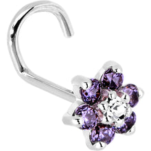 Load image into Gallery viewer, Solid 14K White Gold Amethyst and Clear Cubic Zirconia Flower Nose Ring
