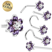 Load image into Gallery viewer, Solid 14K White Gold Amethyst and Clear Cubic Zirconia Flower Nose Ring
