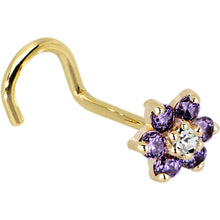 Load image into Gallery viewer, Solid 14K Yellow Gold Amethyst and Clear Cubic Zirconia Flower Nose Ring
