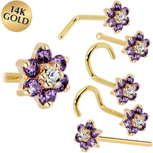 Load image into Gallery viewer, Solid 14K Yellow Gold Amethyst and Clear Cubic Zirconia Flower Nose Ring
