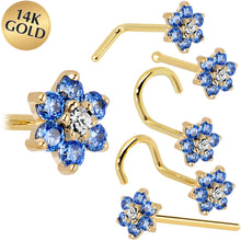 Load image into Gallery viewer, Solid 14K Yellow Gold Arctic Blue and Clear Cubic Zirconia Flower Nose Ring
