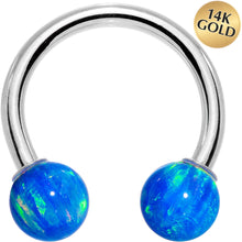 Load image into Gallery viewer, 14G Solid 14K White Gold Blue Synthetic Opal Horseshoe Barbell
