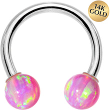 Load image into Gallery viewer, 14G Solid 14K White Gold Pink Synthetic Opal Horseshoe Barbell
