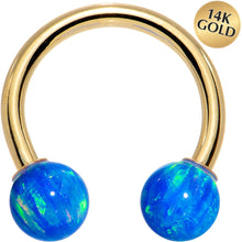 Load image into Gallery viewer, 14G Solid 14K Yellow Gold Blue Synthetic Opal Horseshoe Barbell
