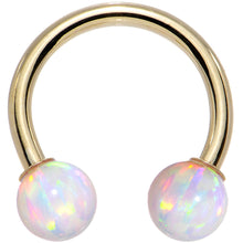 Load image into Gallery viewer, 14G Solid 14K Yellow Gold White Synthetic Opal Horseshoe Barbell

