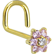 Load image into Gallery viewer, Solid 14K Yellow Gold Pink and Clear Cubic Zirconia Flower Nose Ring
