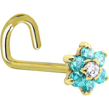Load image into Gallery viewer, Solid 14K Yellow Gold Mint Green and Clear Cubic Zirconia Flower Nose Ring
