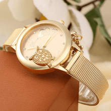 Load image into Gallery viewer, STEVVEX Gold  Watch Brand Quartz Women Rose Gold Stainless Steel Mesh Belt Ladies Wristwatch Female Clock Owl (Gold) For Women and Girls
