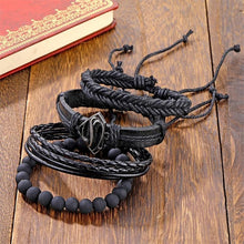 Load image into Gallery viewer, Vintage Black Bead Bracelets For Men Fashion Hollow Triangle Leather Bracelet &amp; Bangles Multilayer Wide Wrap Jewelry For Men and Women
