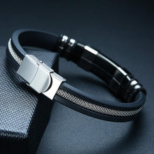 Load image into Gallery viewer, Stainless Steel Bracelet Men Wrist Band Black Grooved Rudder Silicone Mesh Link Insert Punk Wristband Stylish Casual Bangle Cool Gift
