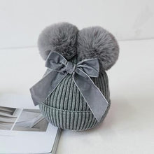 Load image into Gallery viewer, Baby Double Pompom Knitted Hat For Baby Girl Warm Thicker Children Infant Beanie Cap In elegant Winter Modern Deisgn With Big Bow
