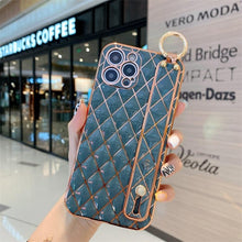 Load image into Gallery viewer, Luxury Blue Pink Gold Color Plating Soft Case Cell Phone Case For iPhone 11 12 13 Pro Max XS Max XR X 8 7 Plus Luxury Wrist Strap Plating Frame Geometric Soft Covers Bumper Iphone Case
